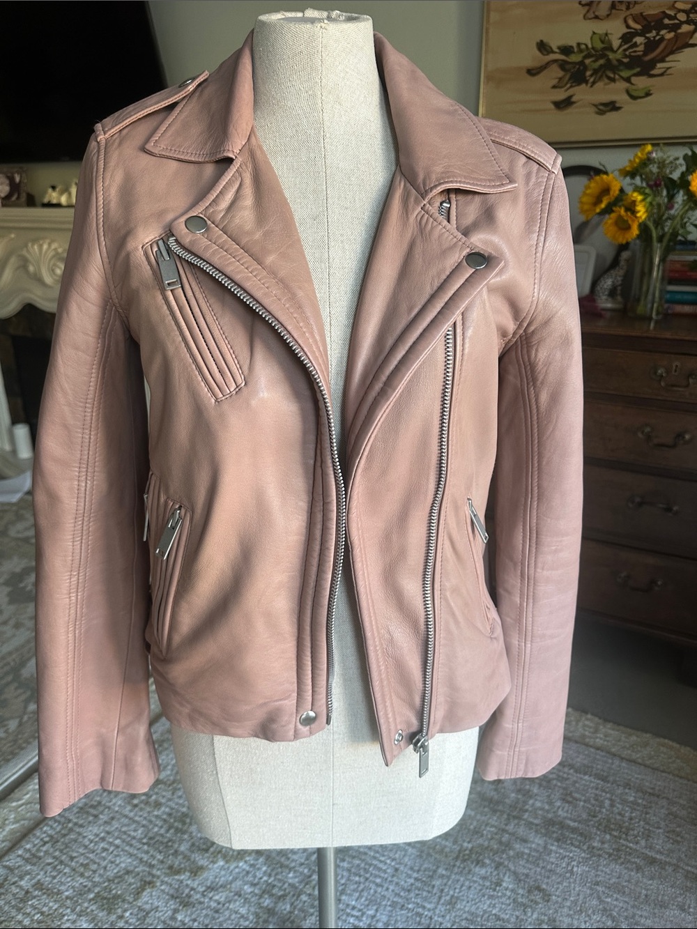 Amaryllis dusty rose Leather motorcycle Jacket with Soft Lining